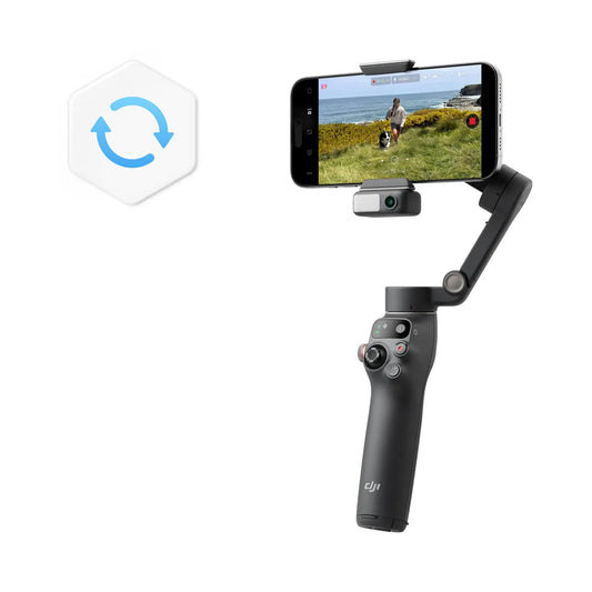 Smartphone mounted on a gimbal with an app icon overlay on a white background