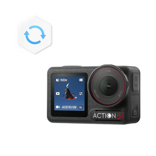 Action camera with display screen on a white background