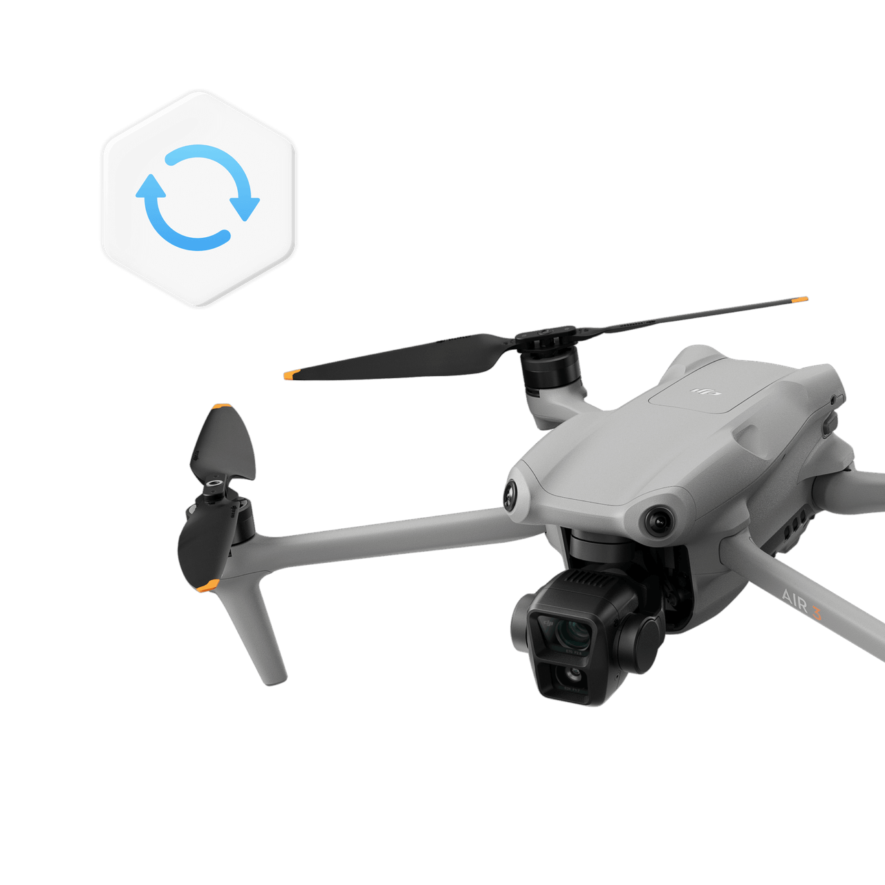 White drone with propellers on a black background, featuring a brand logo.