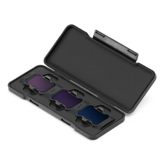 Black case with three purple filter lenses on a white background