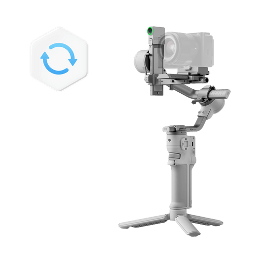 Camera stabilizer with a logo on a black background