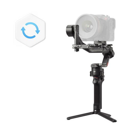 Camera stabilizer with a camera attached on a white background