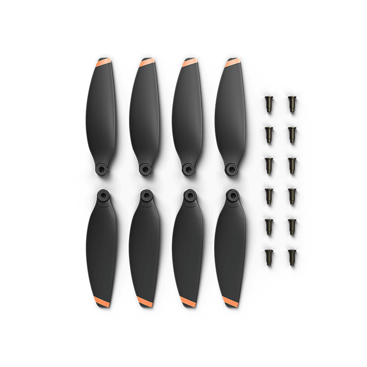 Set of black propellers with orange accents and screws on a black background
