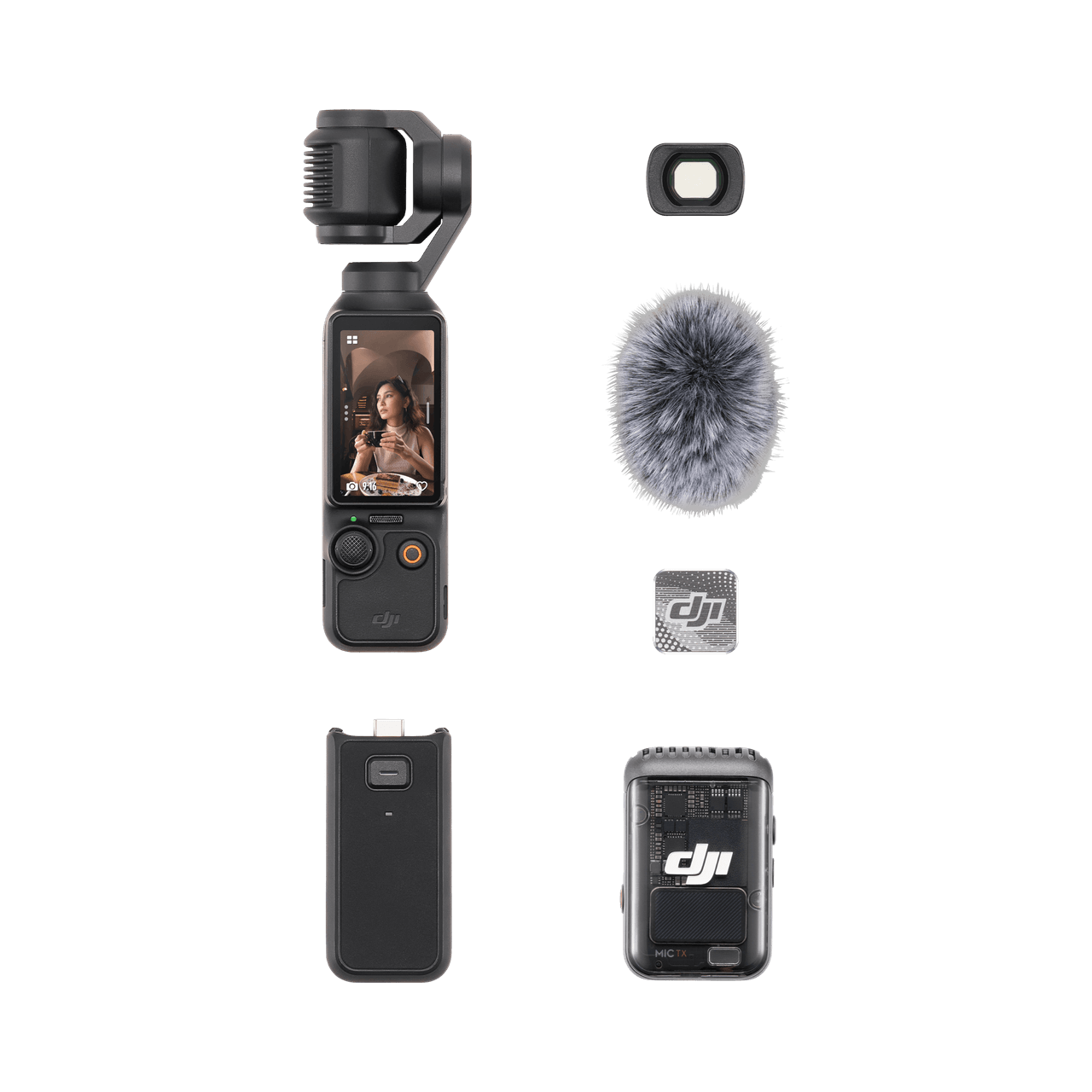DJI Osmo Pocket 3 camera with accessories on a black background
