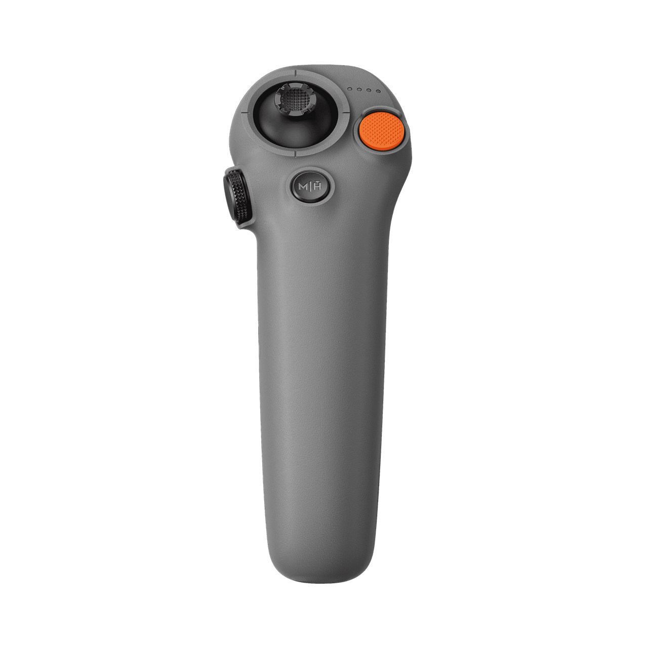 Gray handheld device with a black wheel and orange button on a white background