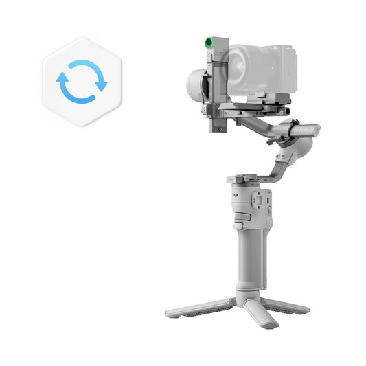 Camera stabilizer with a camera attached on a white background