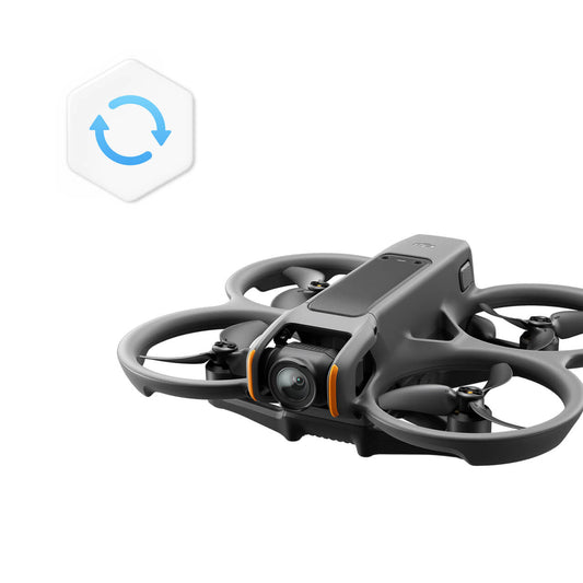 Small drone with a logo in the corner on a white background