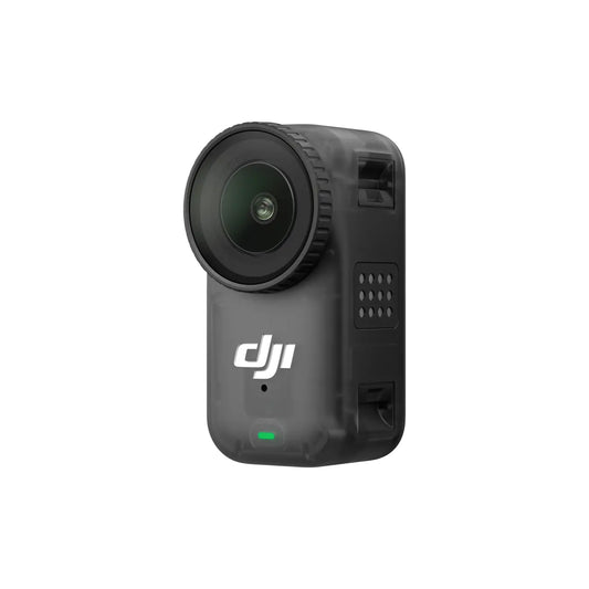 Black action camera with DJI logo on a white background