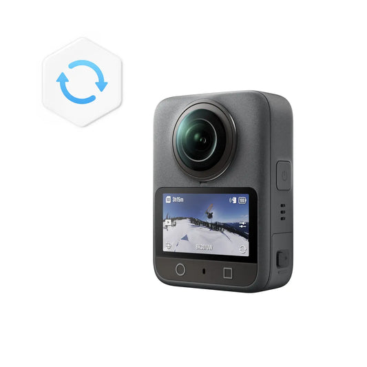 Action camera with screen displaying a snowy landscape on a white background