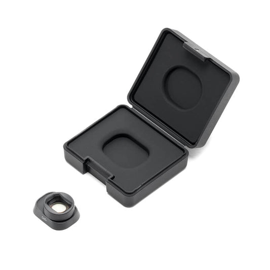 Black square lens case with a smaller black lens on a white background