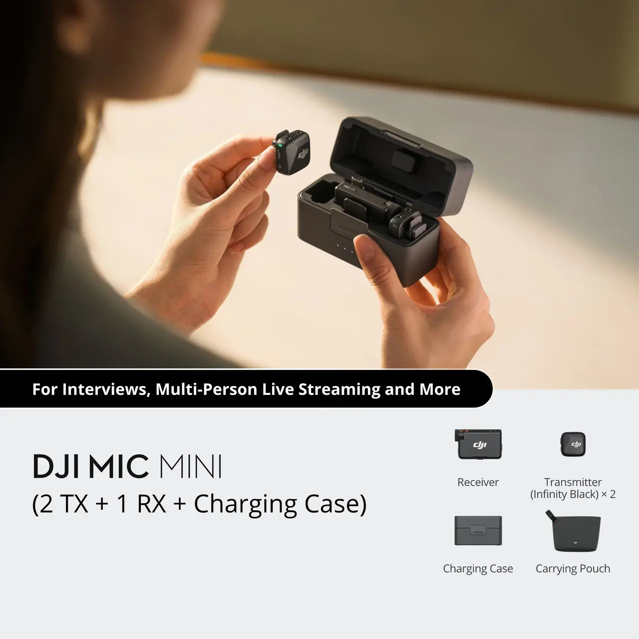 DJI Mic Mini setup with transmitter, receiver, and charging case on a neutral background