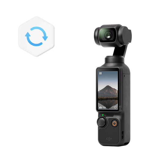 DJI Osmo Pocket camera with screen displaying a mountain scene on a black background