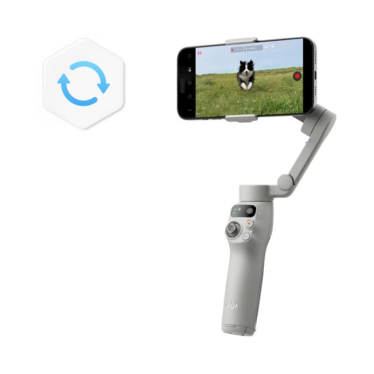 Handheld camera stabilizer with smartphone displaying a dog in a field on a white background