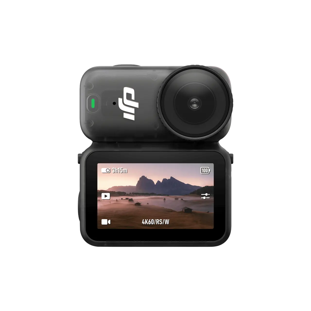 Action camera with screen displaying a mountainous landscape on a white background