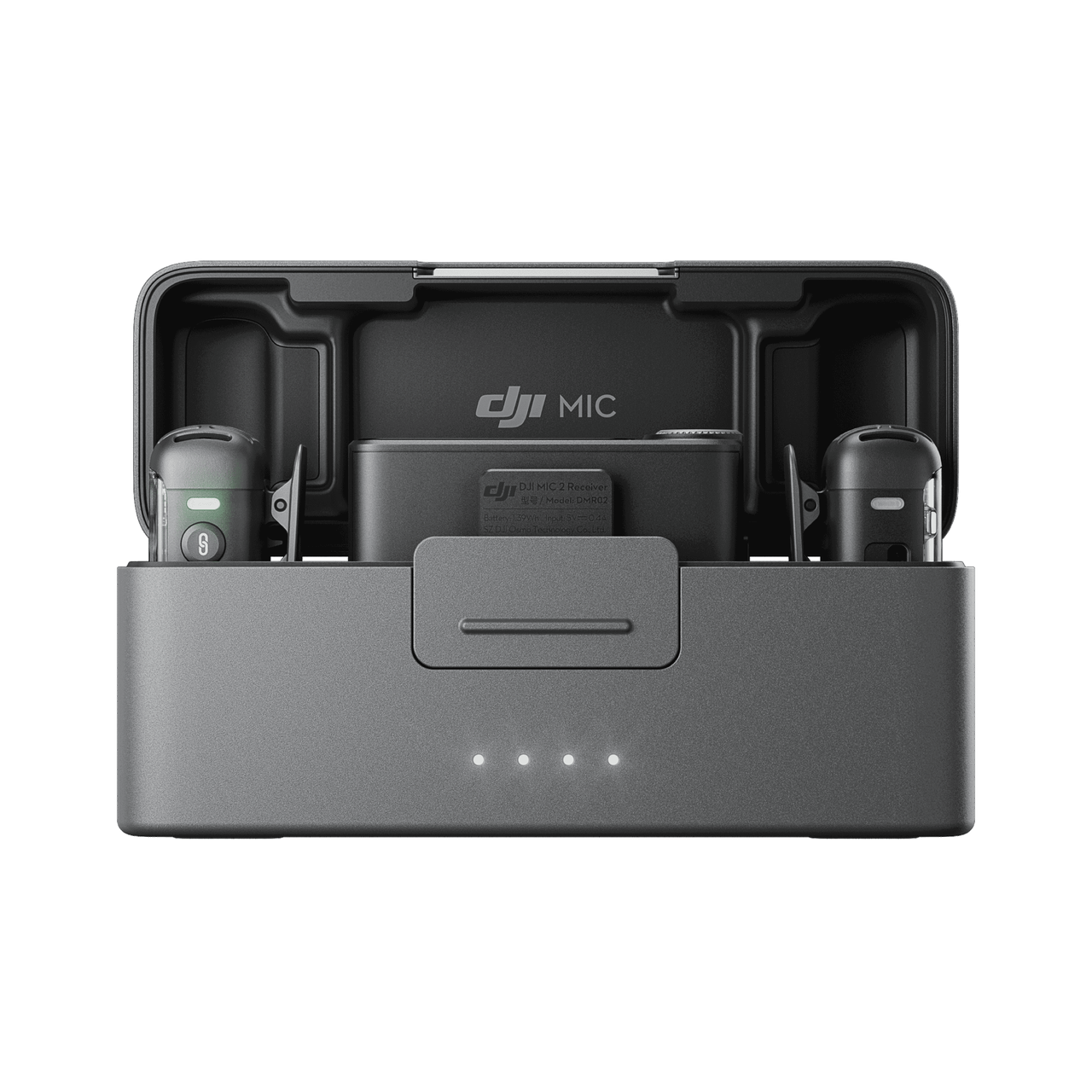 DJI Mic 2 device with charging station on a white background