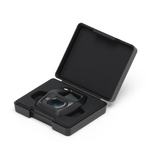 Black camera case with a lens on a white background