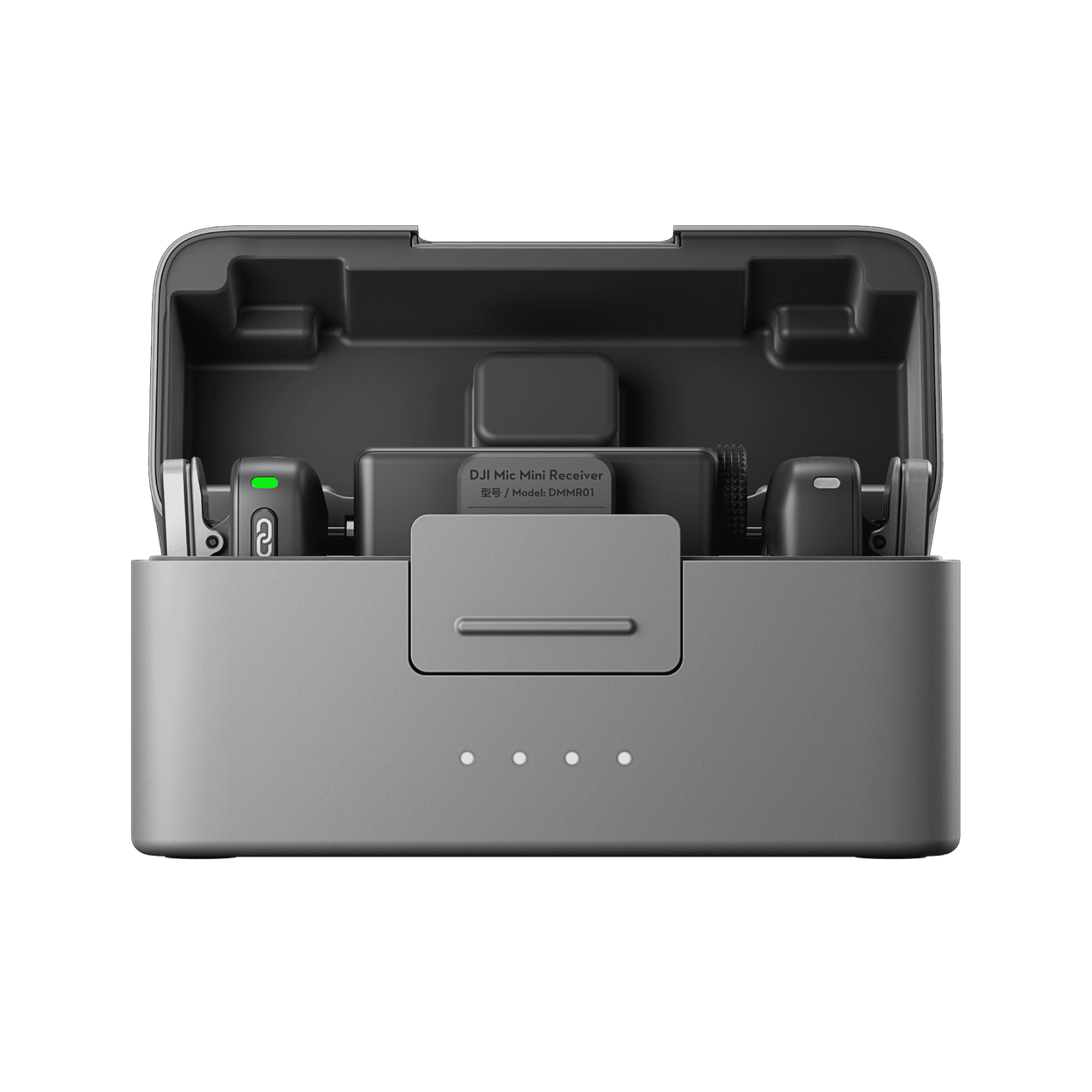 Gray DJI Mic Mini electronic device with components inside on a black background