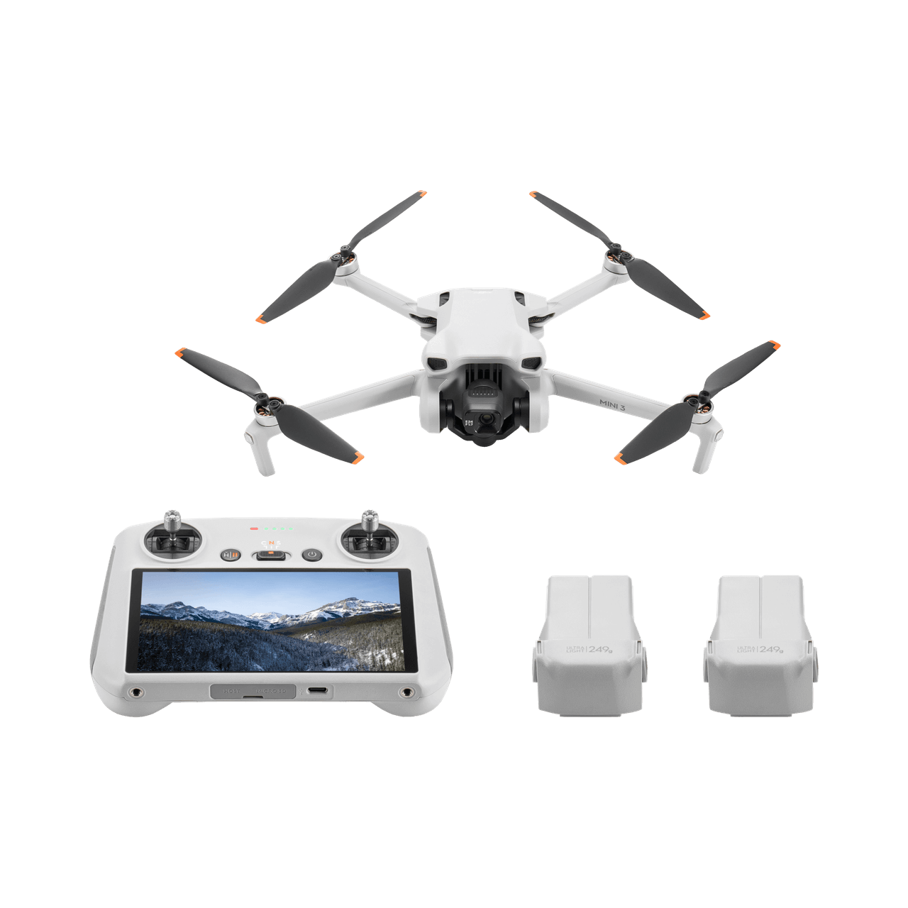 DJI mini 3 White drone with remote control and batteries on a black background