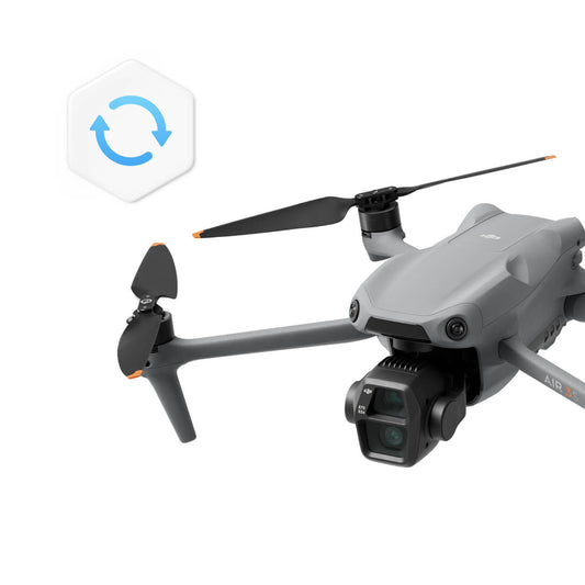 Gray drone with camera on a white background, featuring the DJI logo.
