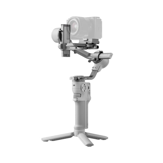 DJI RS 4 Mini Camera stabilizer with a camera attached on a white background