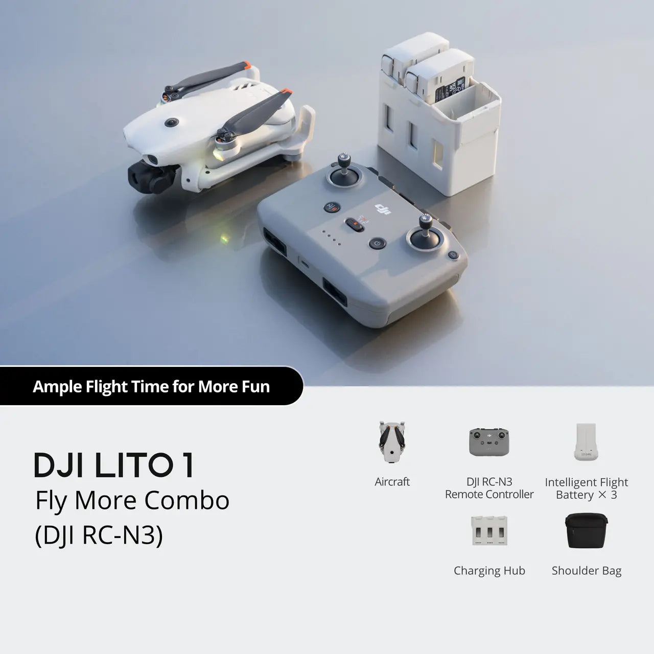 DJI LITO 1 Fly More Combo with remote controller, battery, and charging hub on a light gray background.