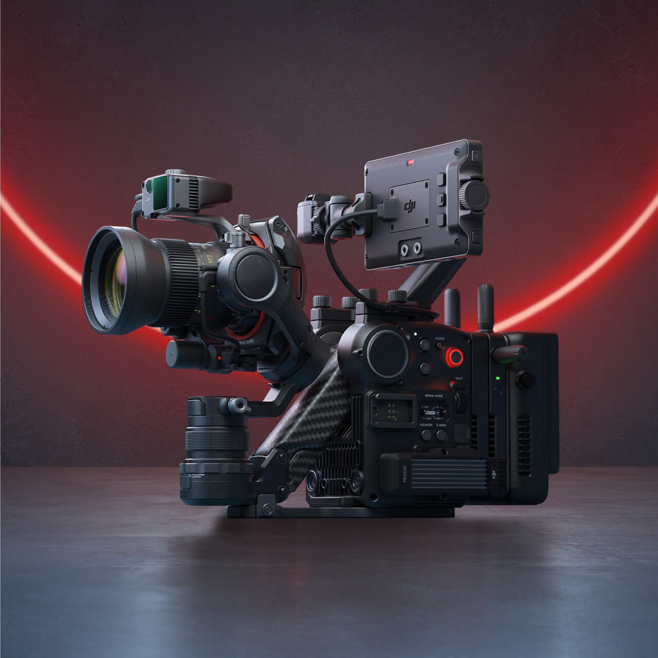 DJI Ronin 4D 8K Professional video camera on a dark background with red lights