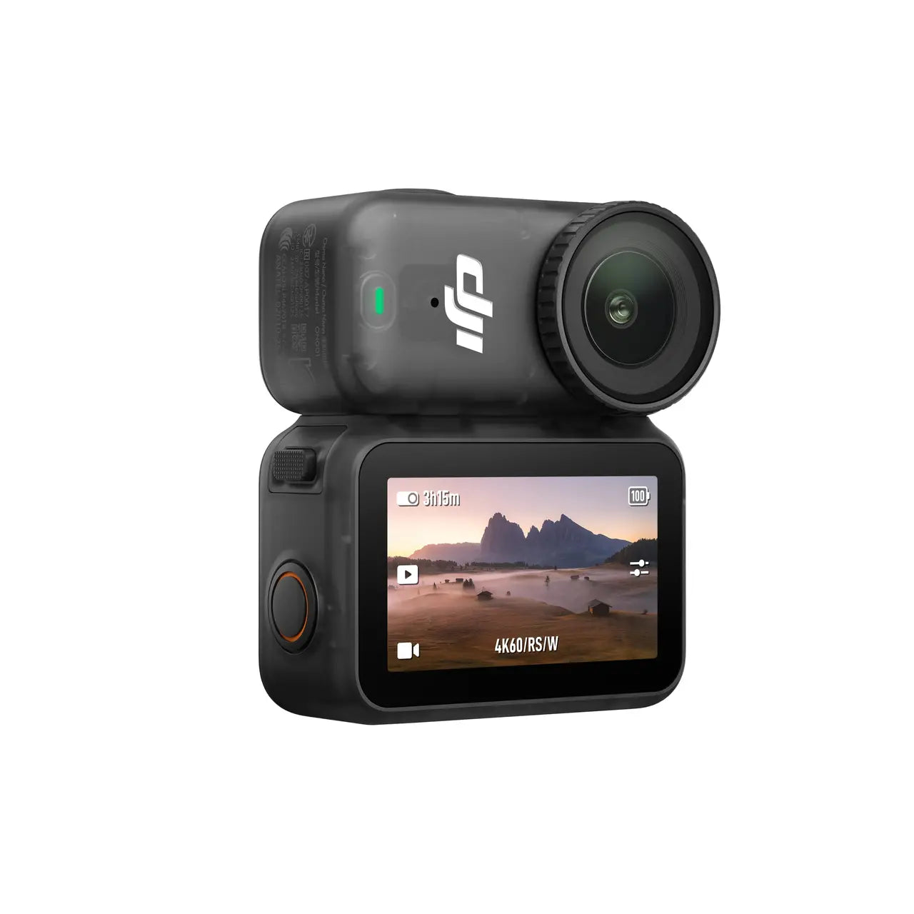 Action camera with screen displaying a mountain landscape on a white background