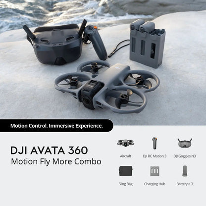 DJI Avata 360 drone and accessories on a snowy surface with water in the background.