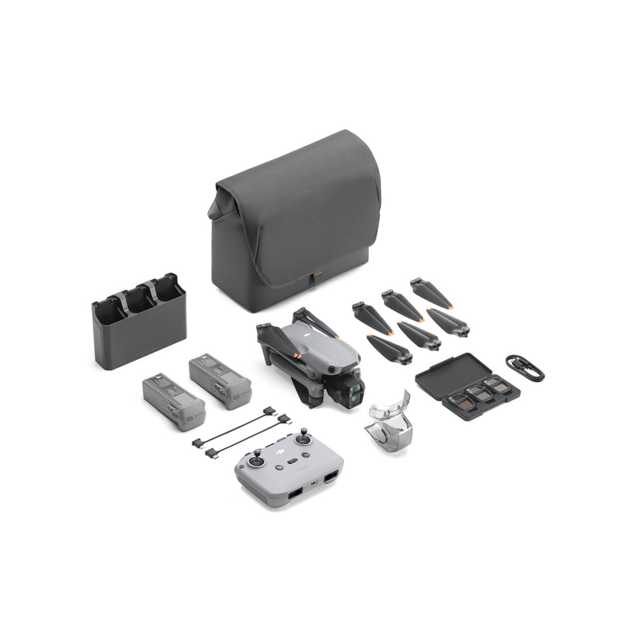 DJI Air 3S drone components including drone, battery, remote control, and accessories on a white background.