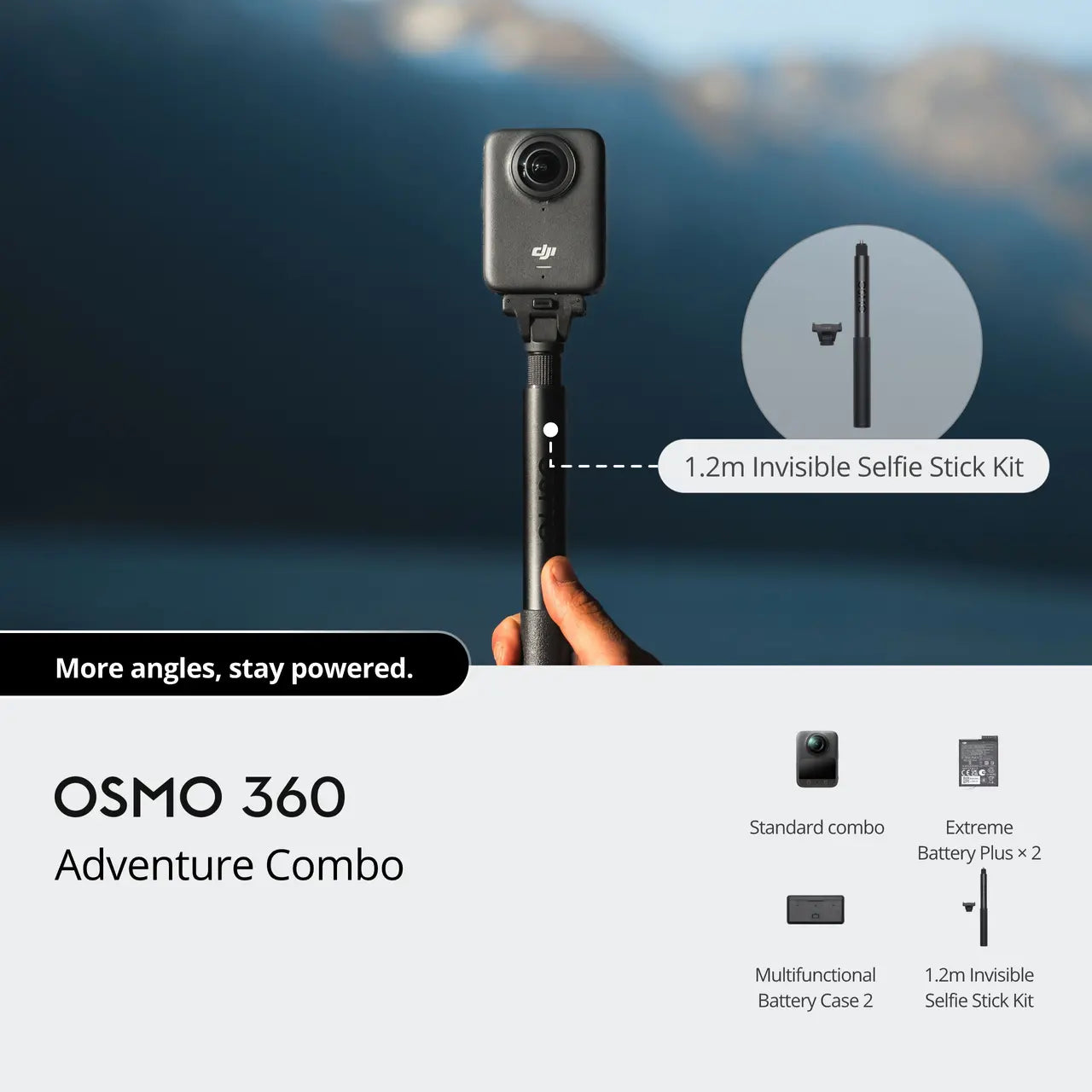 OSMO 360 Adventure Combo with camera and selfie stick against a scenic background