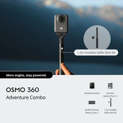 OSMO 360 Adventure Combo with camera and selfie stick against a scenic background