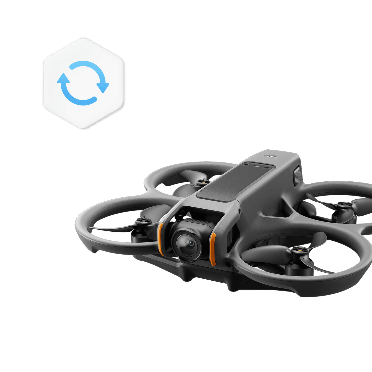 Gray drone with a logo above on a black background