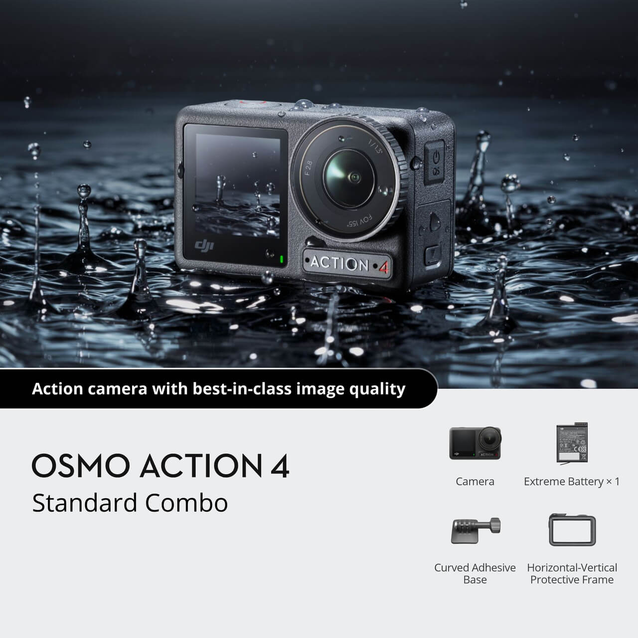 DJI Osmo Action 4 action camera in water with product details below