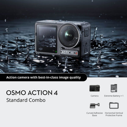 DJI Osmo Action 4 action camera in water with product details below