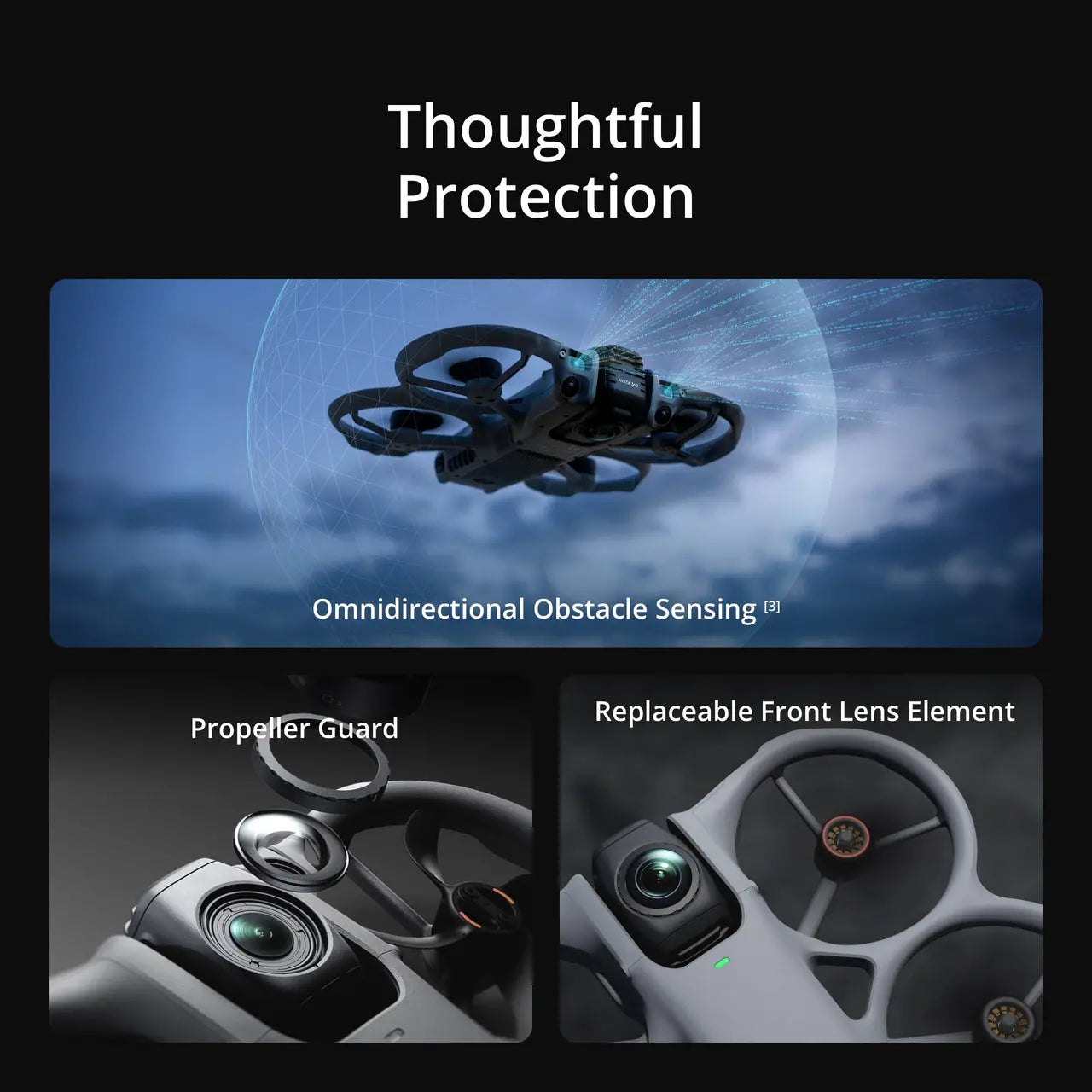 Drones with features like omnidirectional obstacle sensing, propeller guard, and replaceable front lens element on a dark background.