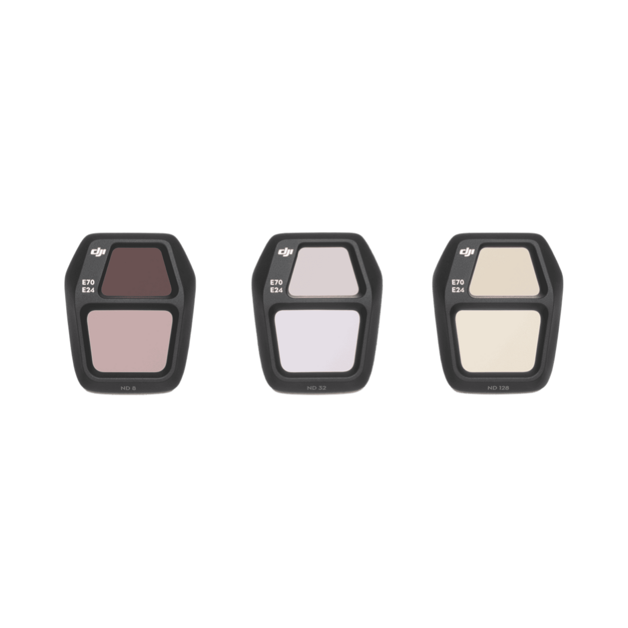 Three filter holders with different color filters on a black background