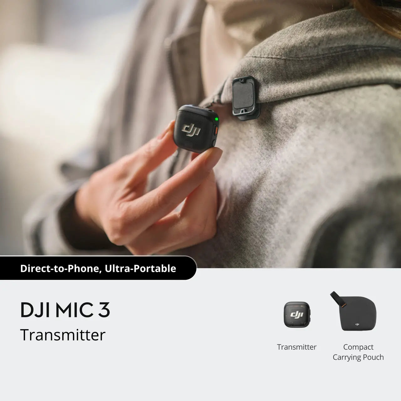 DJI MIC 3 Transmitter being worn on a person's jacket with product details displayed.