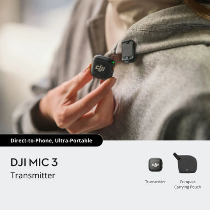 DJI MIC 3 Transmitter being worn on a person's jacket with product details displayed.