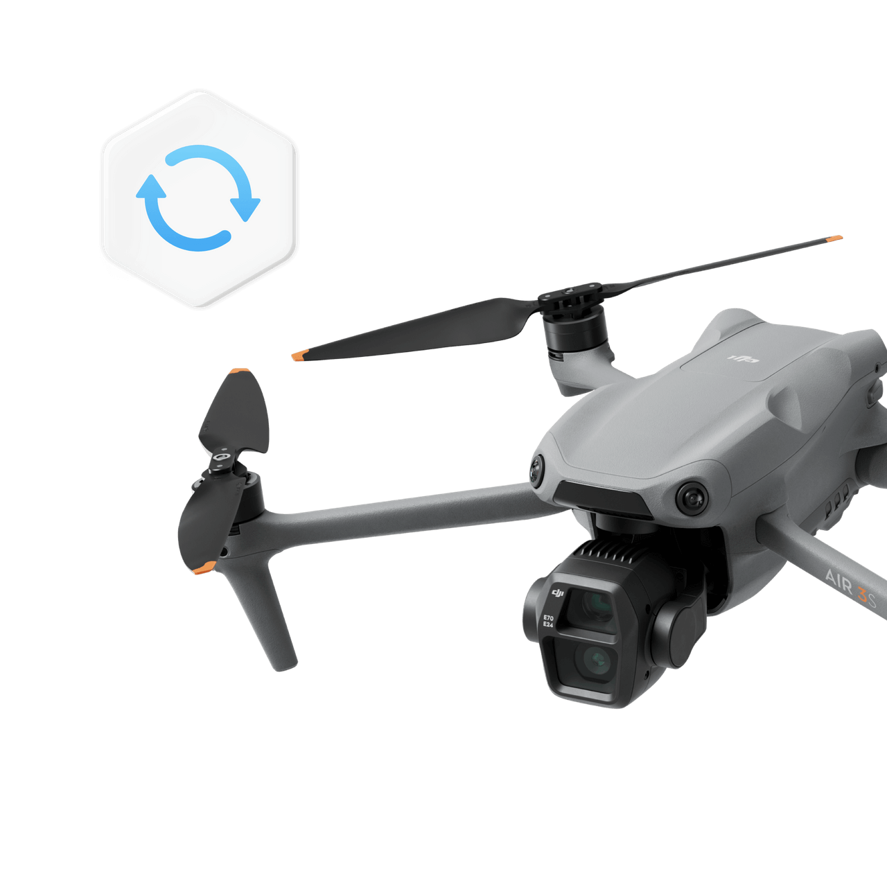 Gray drone with camera on a black background, featuring a brand logo.