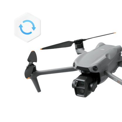 Gray drone with camera on a black background, featuring a brand logo.