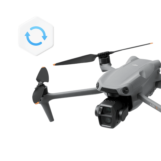Gray drone with camera on a black background, featuring a brand logo.