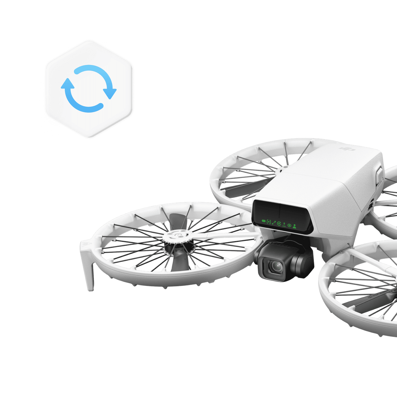 White drone with propellers and a camera on a black background