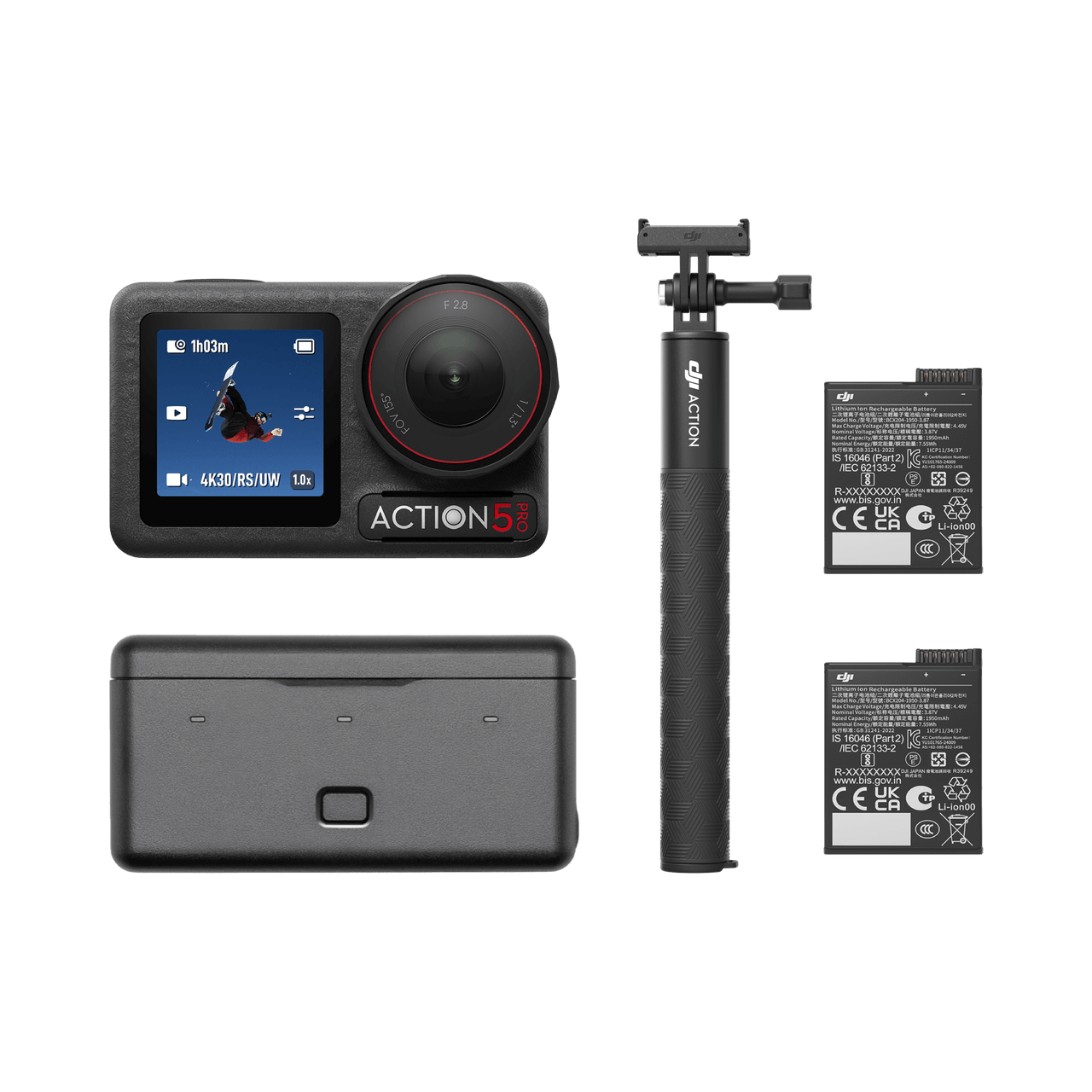 DJI Action 5 pro adventure combo action camera with accessories on a white background