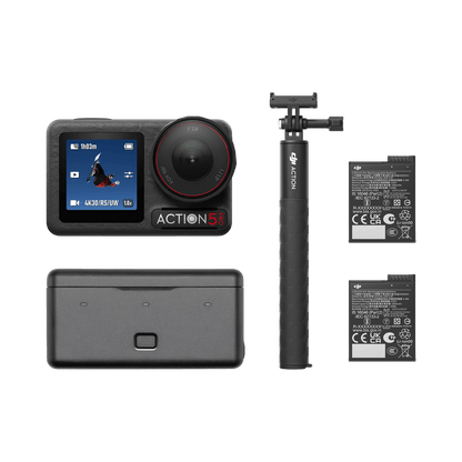 DJI Action 5 pro adventure combo action camera with accessories on a white background