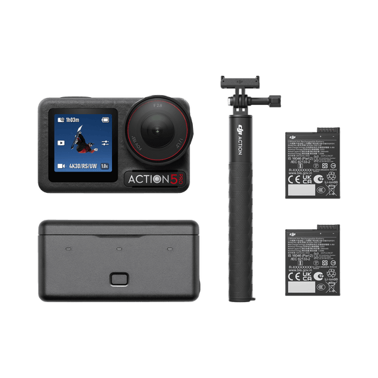 DJI Action 5 pro adventure combo action camera with accessories on a white background