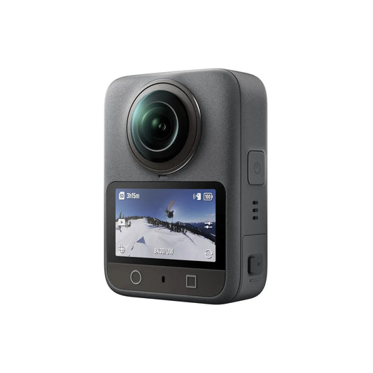 Osmo 360 Action camera with screen displaying a snowy landscape on a white background