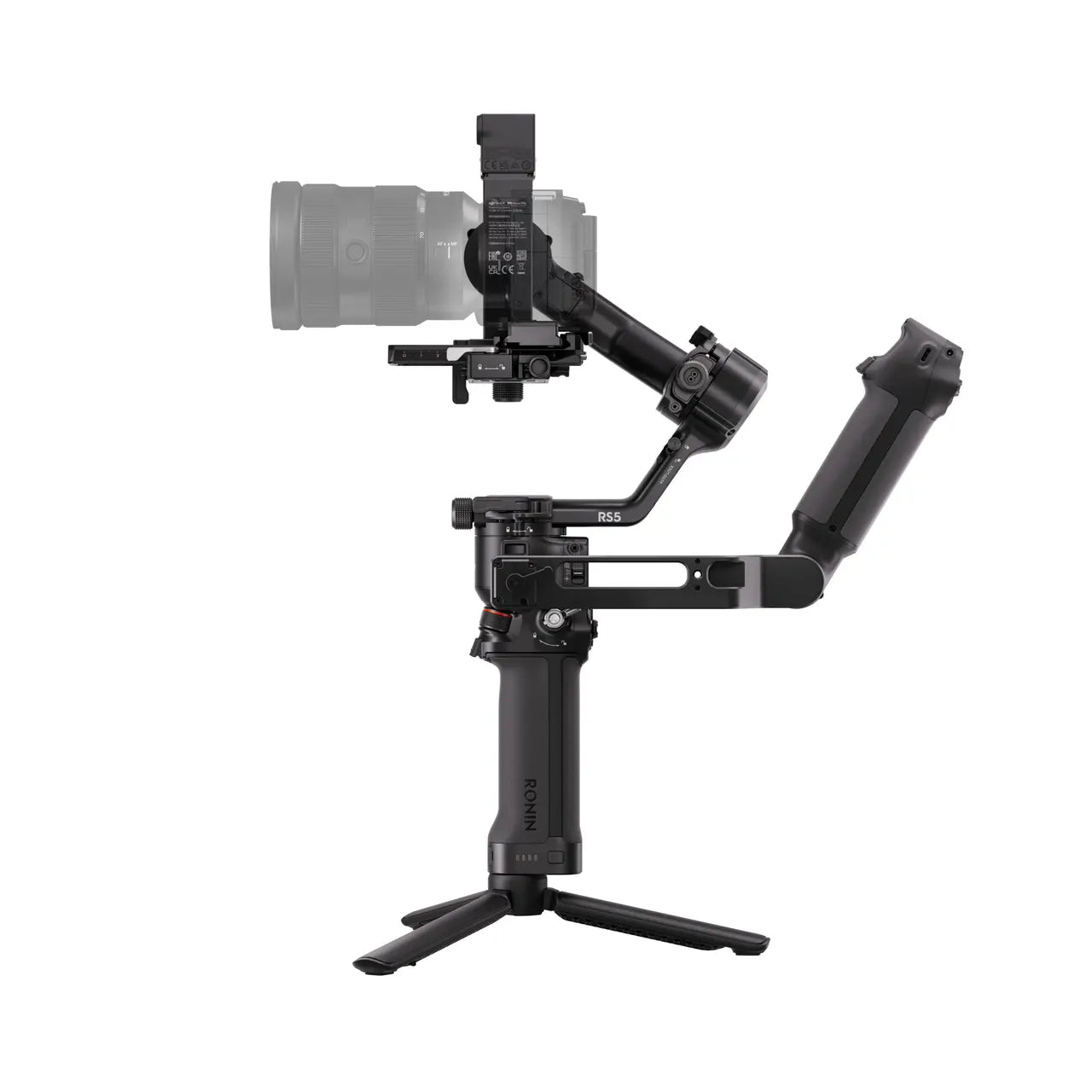 Camera stabilizer with a camera attached on a white background