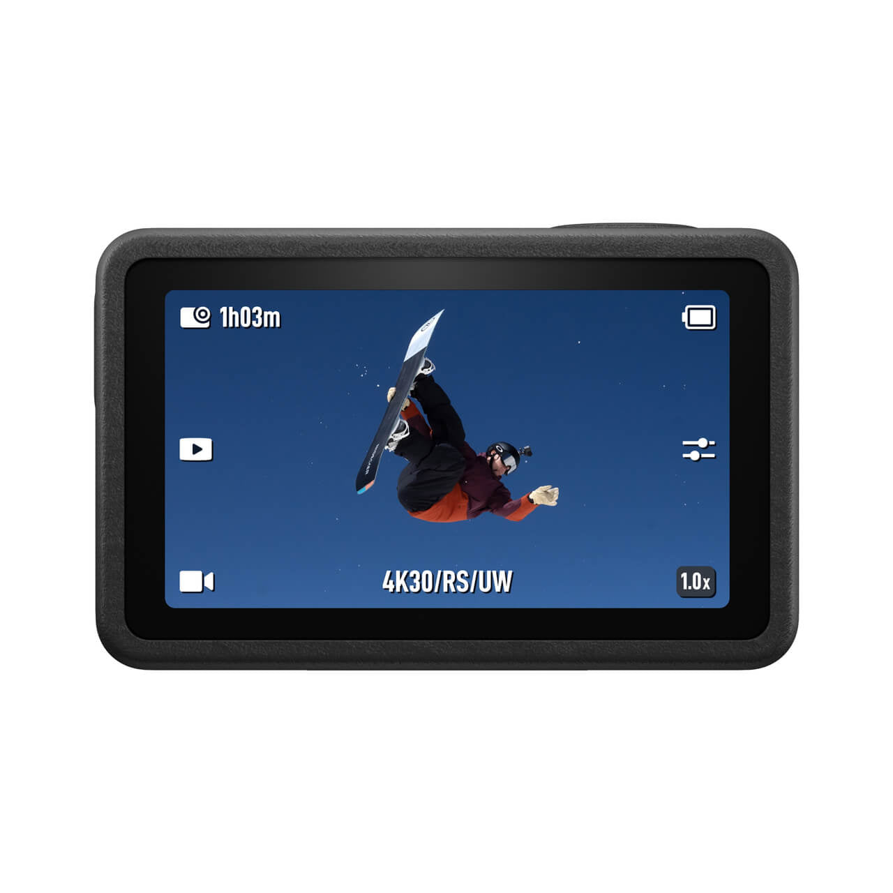 Osmo Action 5 pro camera with a screen displaying a skater performing a trick against a blue sky.