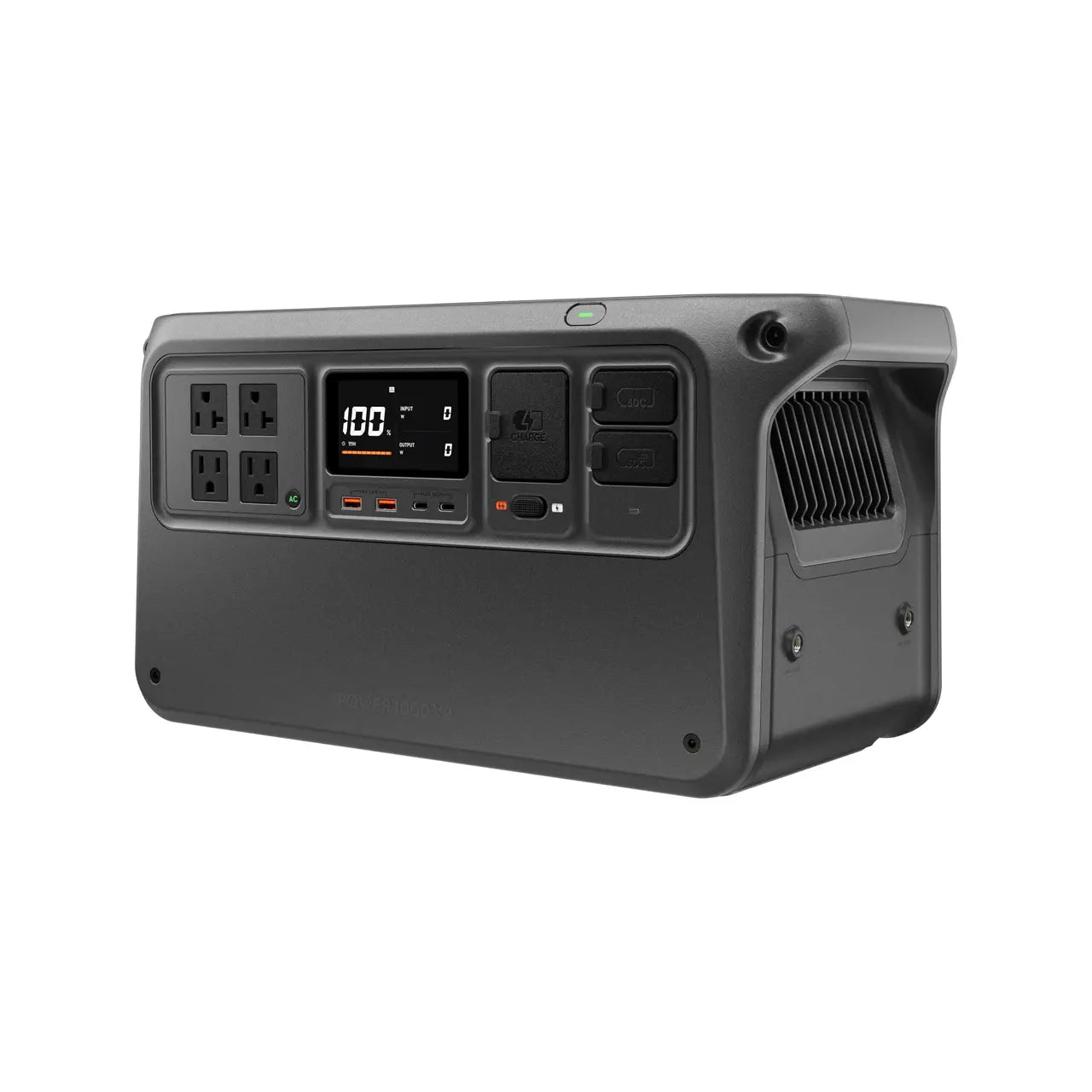 Portable power station with multiple outlets and a digital display on a white background