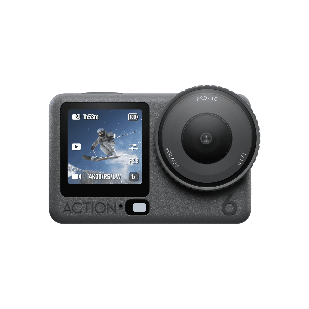 Action camera with display screen on a black background